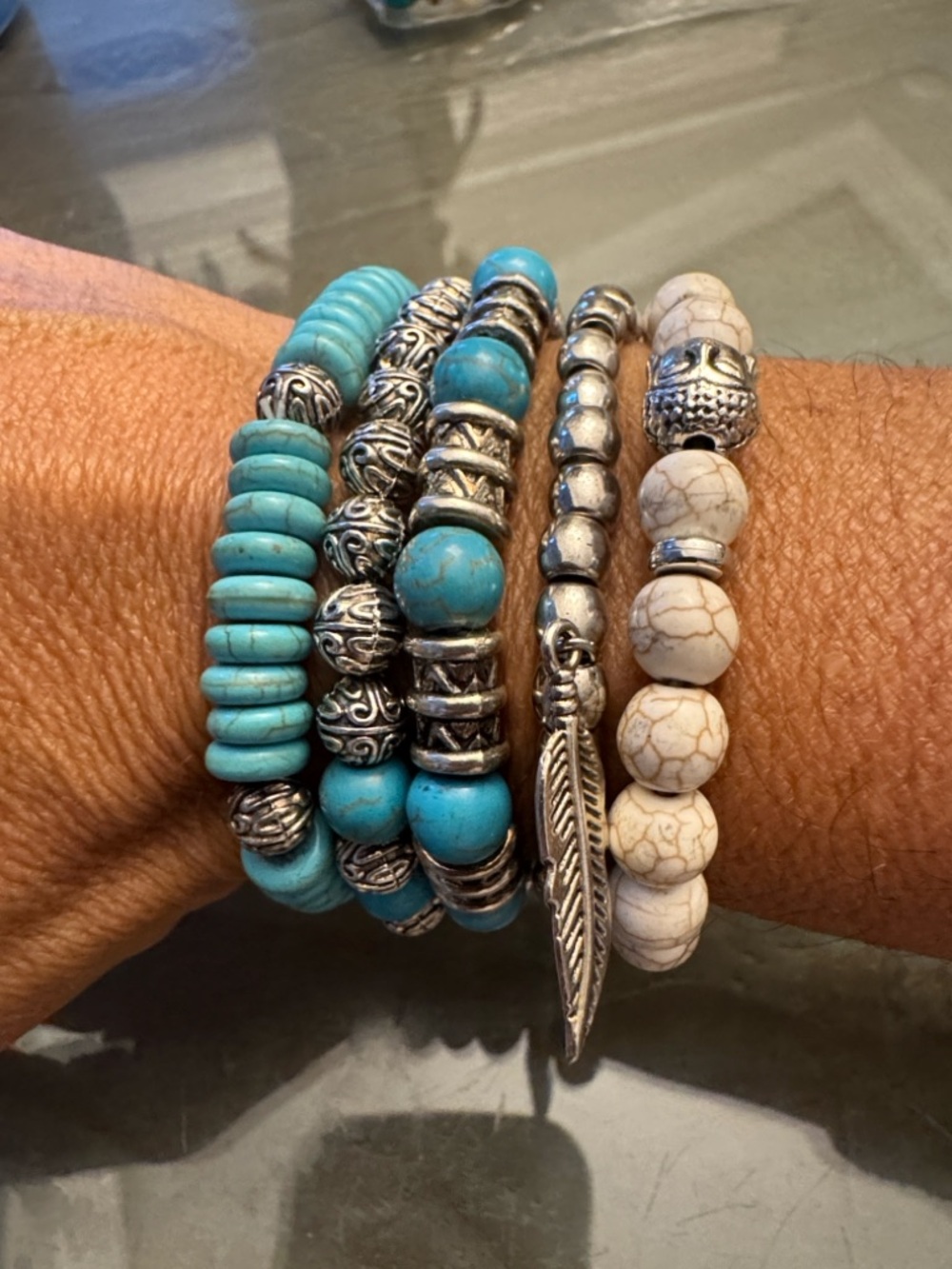 Jean Claude natural stone Silvertone stretchy Stackable Bracelet Set